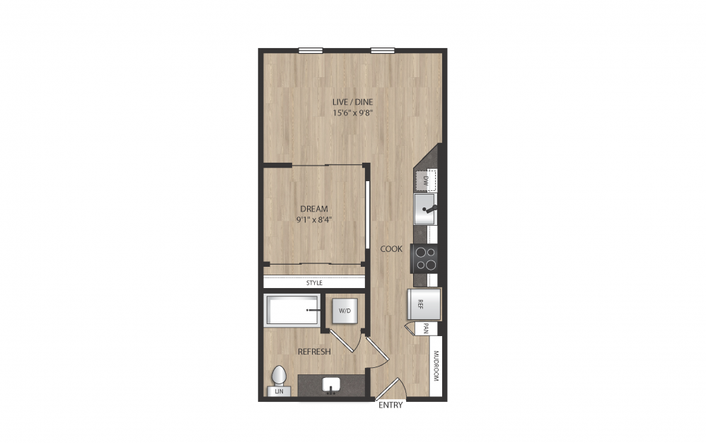 A1 - 1 bedroom floorplan layout with 1 bath and 510 square feet. (2D)