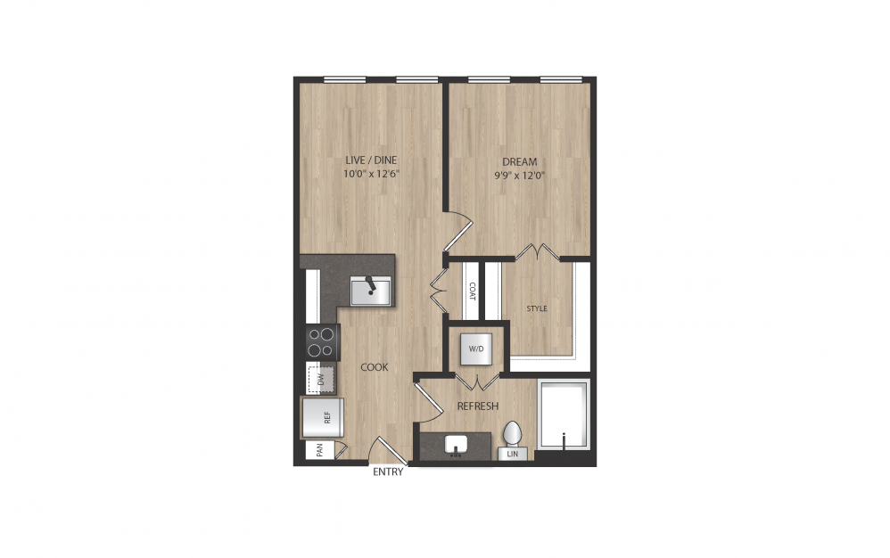 A2 - 1 bedroom floorplan layout with 1 bath and 567 square feet. (2D)
