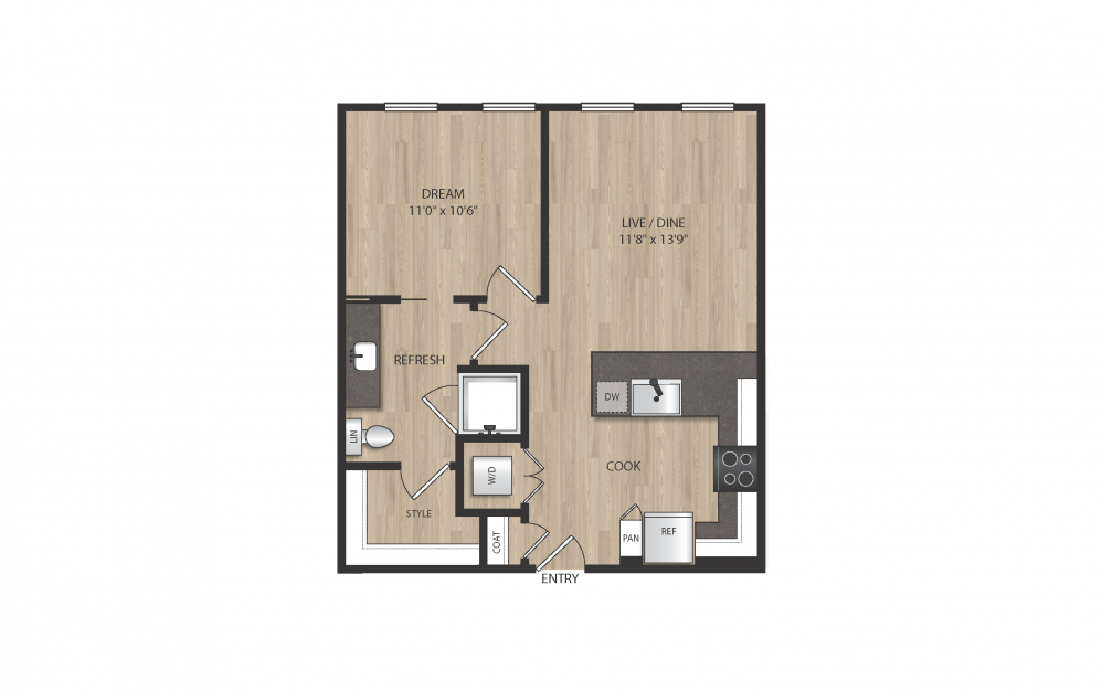 A3 - 1 bedroom floorplan layout with 1 bath and 633 square feet. (2D)