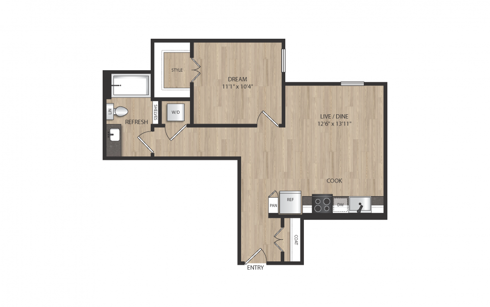 A4 - 1 bedroom floorplan layout with 1 bath and 643 square feet. (2D)