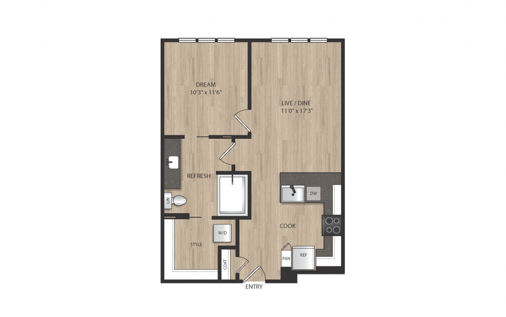 A5 - 1 bedroom floorplan layout with 1 bath and 675 square feet. (2D)