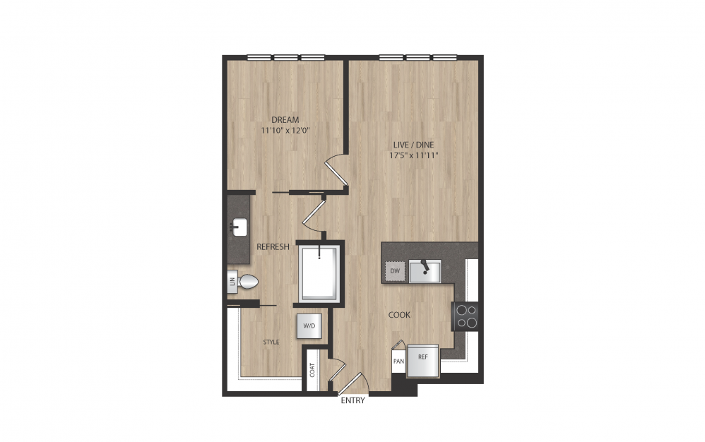A6 - 1 bedroom floorplan layout with 1 bath and 688 square feet. (2D)