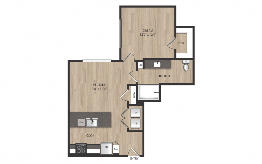 A7 - 1 bedroom floorplan layout with 1 bath and 709 square feet. (2D)