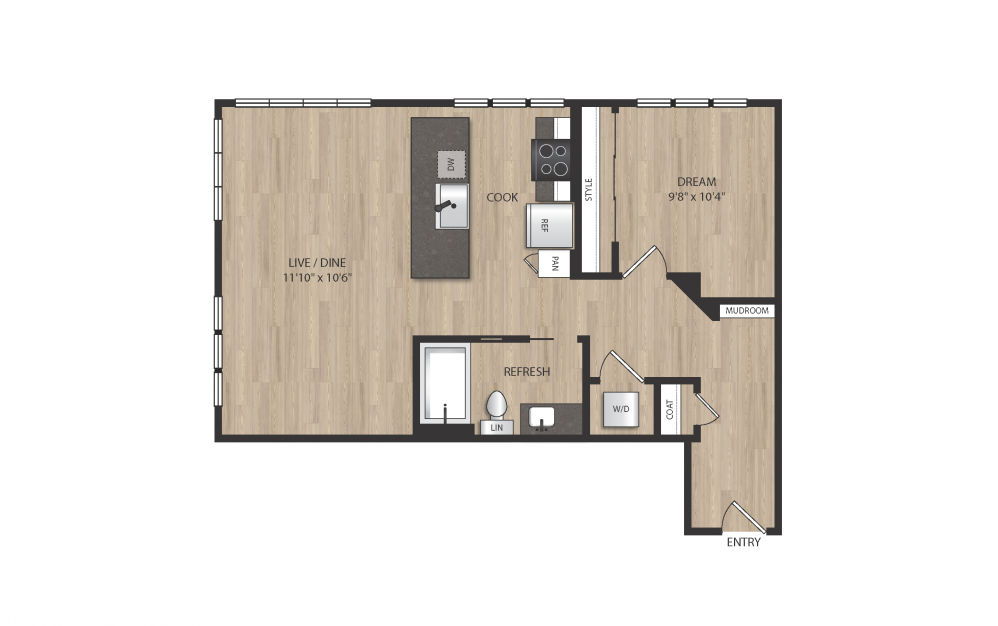 A8 - 1 bedroom floorplan layout with 1 bath and 782 square feet. (2D)