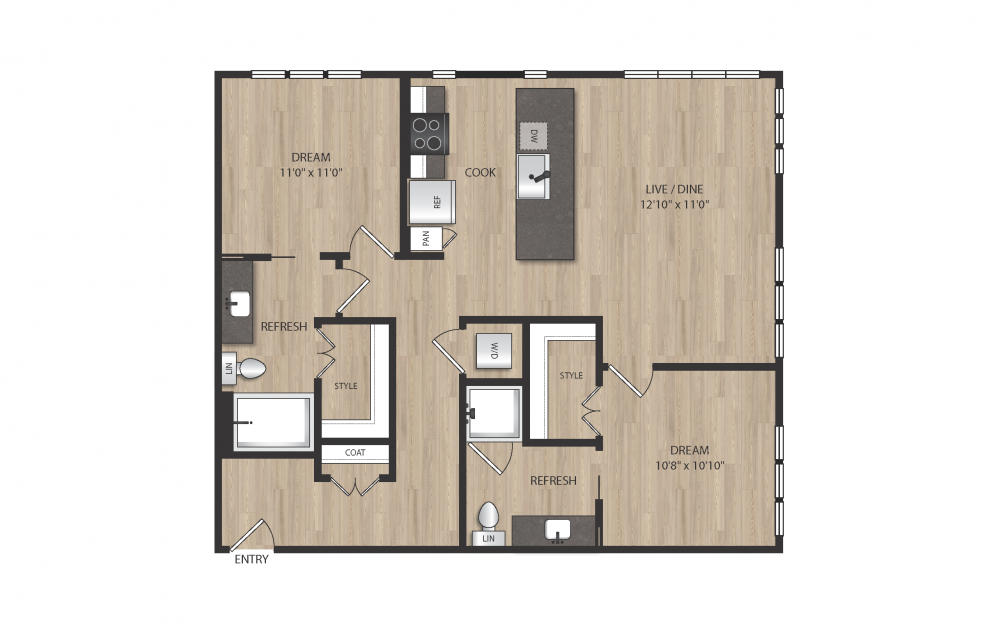 B1 - 2 bedroom floorplan layout with 2 baths and 1051 square feet. (2D)