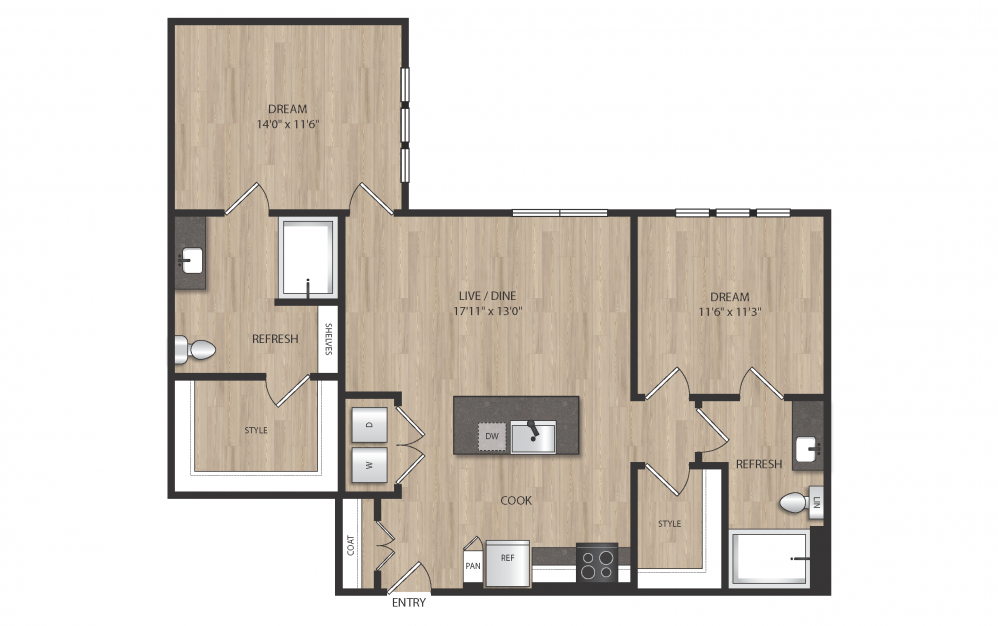 B2 - 2 bedroom floorplan layout with 2 baths and 1100 square feet. (2D)