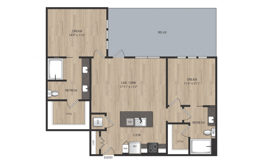 B2 ALT - 2 bedroom floorplan layout with 2 baths and 1100 square feet. (2D)