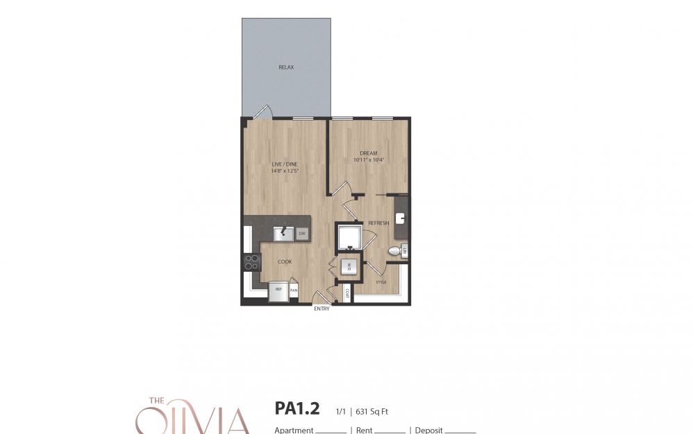 PA1 - 1 bedroom floorplan layout with 1 bath and 631 square feet. (2D)