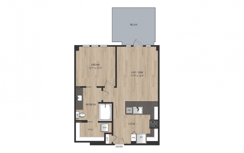PA2 - 1 bedroom floorplan layout with 1 bath and 716 square feet. (2D)