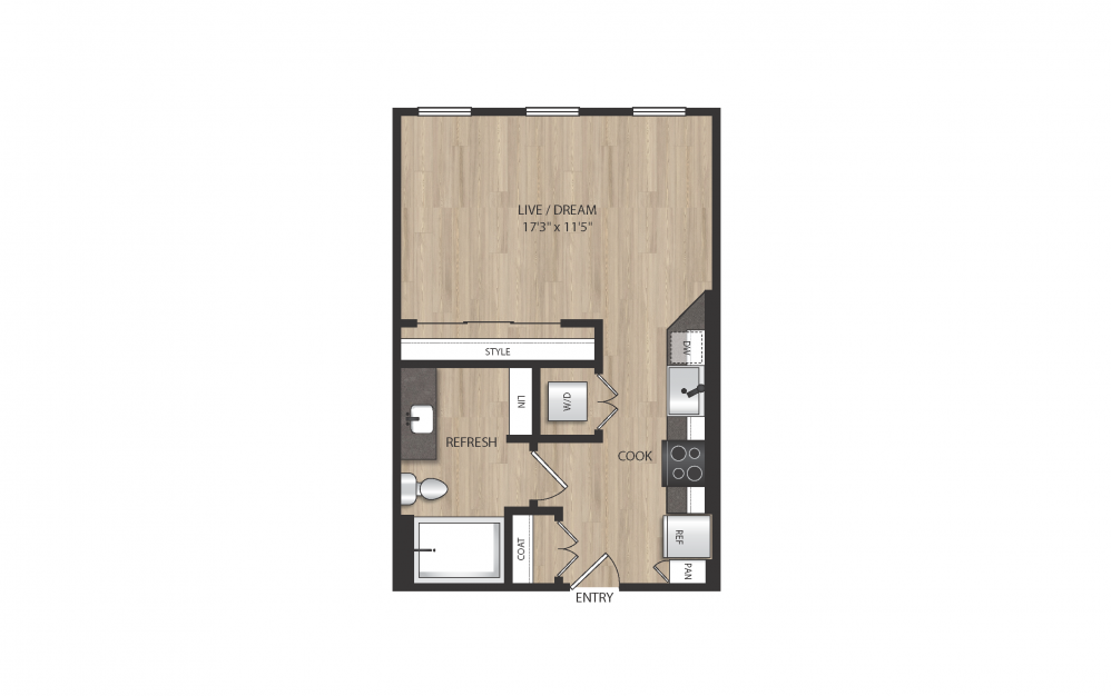 S1 - Studio floorplan layout with 1 bath and 490 square feet. (2D)