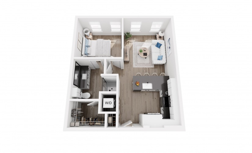 A3 - 1 bedroom floorplan layout with 1 bathroom and 633 - 646 square feet