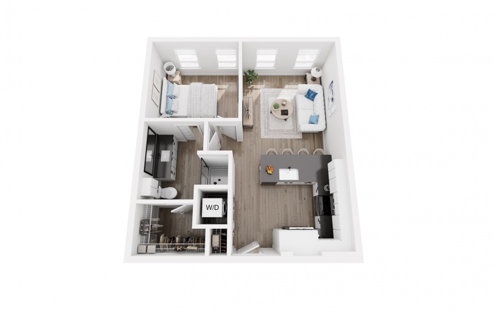A3 - 1 bedroom floorplan layout with 1 bath and 633 square feet. (3D)