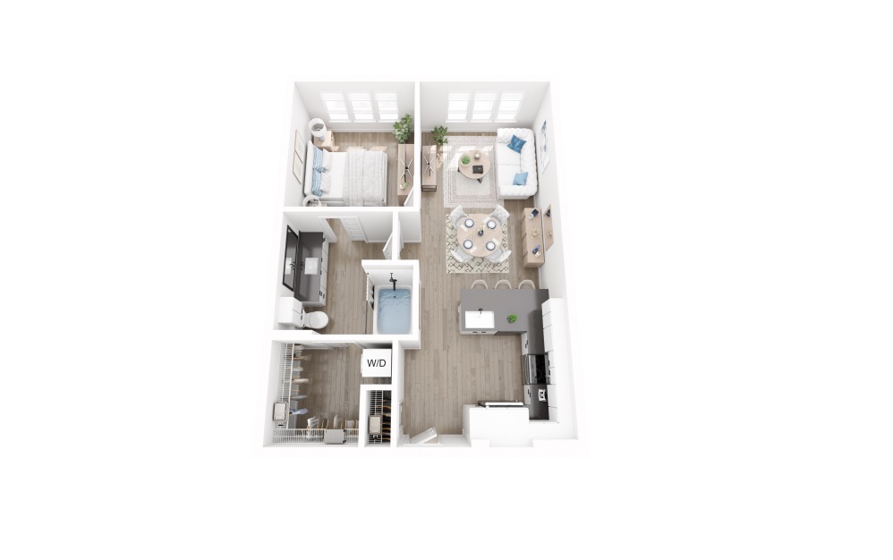 A5 - 1 bedroom floorplan layout with 1 bathroom and 675 square feet (3D)